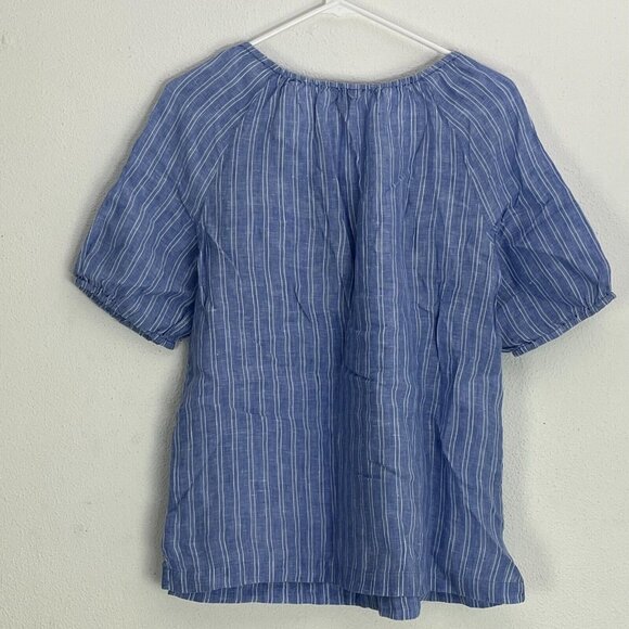 Talbots Top Women's Small Blue White Striped Linen Off Shoulder Button Front - Picture 2 of 8